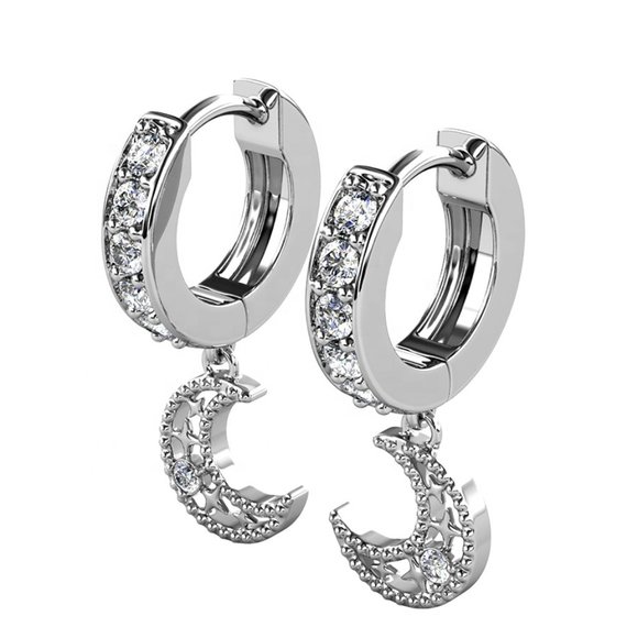 Crescent Moon Huggie‎ Hoop Pendant Earrings Australian Crystals - Picture 6 of 8